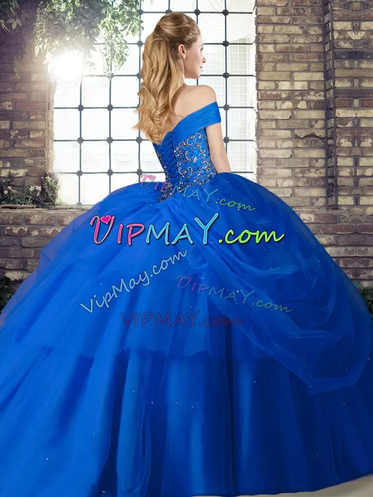 Royal Blue Quince Ball Gowns Tulle Brush Train Sleeveless Beading and Pick Ups