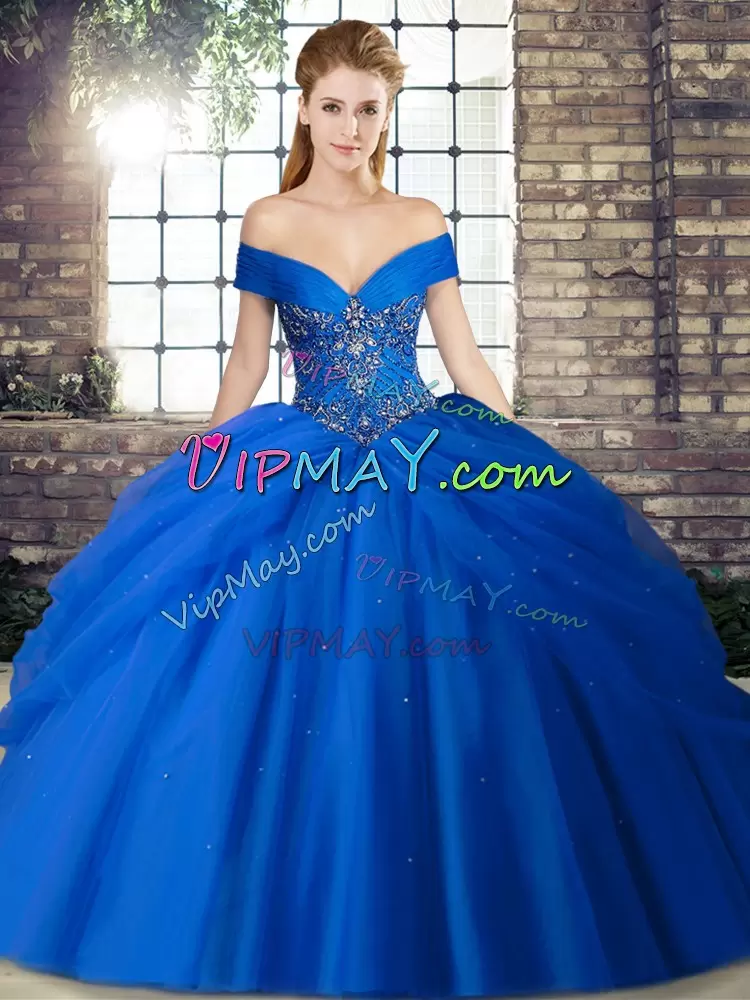 Royal Blue Quince Ball Gowns Tulle Brush Train Sleeveless Beading and Pick Ups