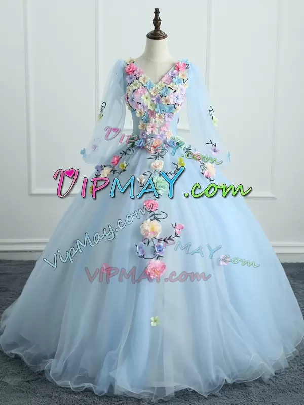 Chic Light Blue Tulle Lace Up V-neck Long Sleeves Quinceanera Dress Colorful Hand Made 3D Flowers