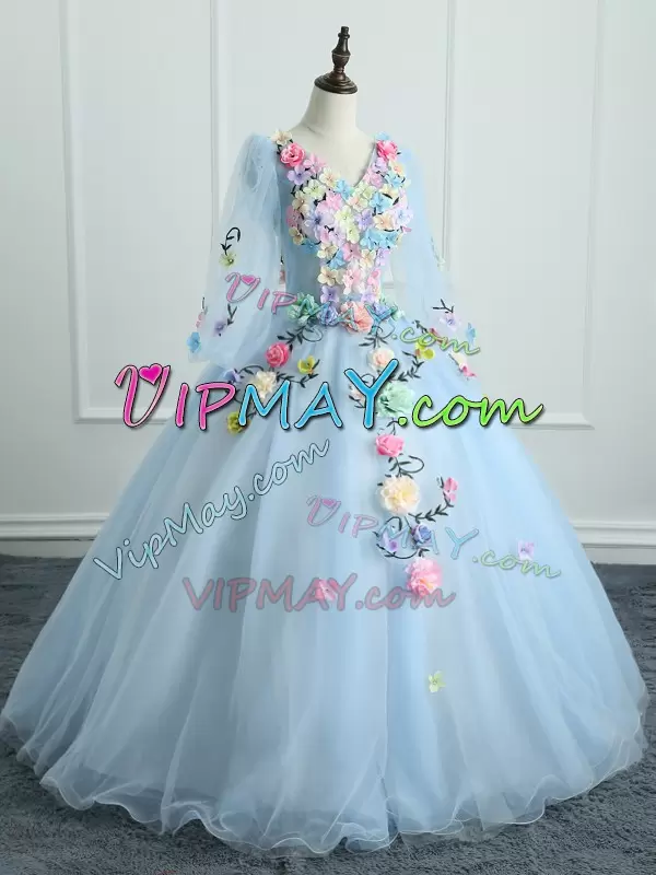 Chic Light Blue Tulle Lace Up V-neck Long Sleeves Quinceanera Dress Colorful Hand Made 3D Flowers