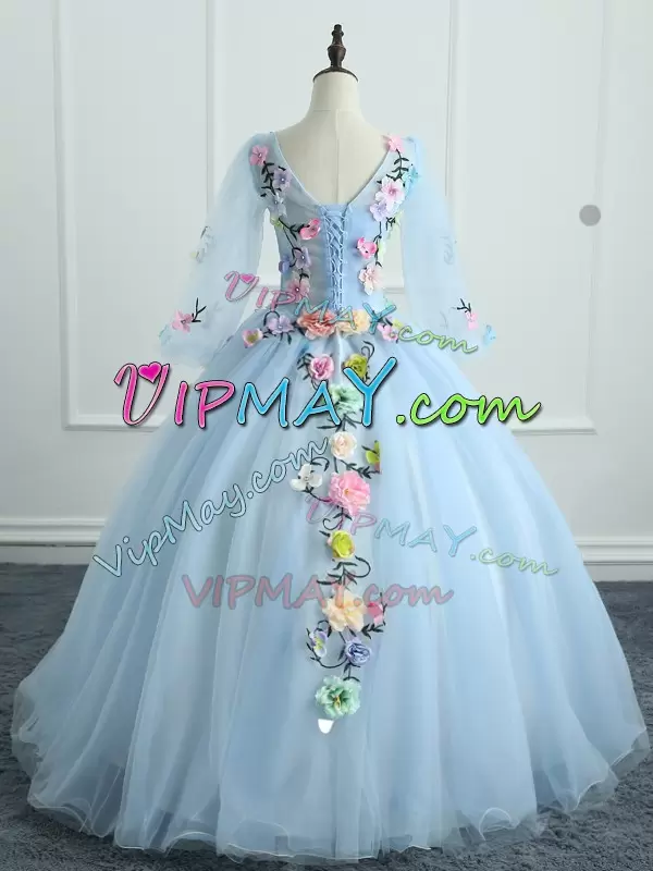 Chic Light Blue Tulle Lace Up V-neck Long Sleeves Quinceanera Dress Colorful Hand Made 3D Flowers