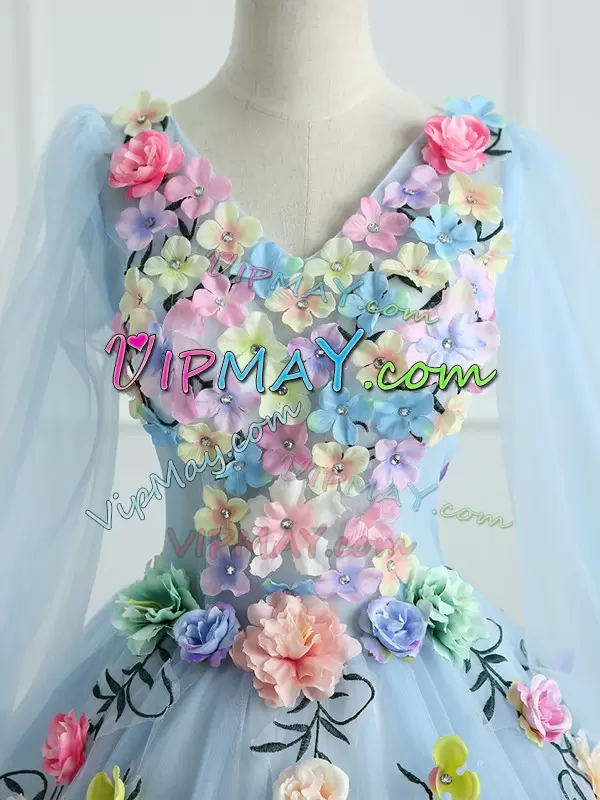 Chic Light Blue Tulle Lace Up V-neck Long Sleeves Quinceanera Dress Colorful Hand Made 3D Flowers