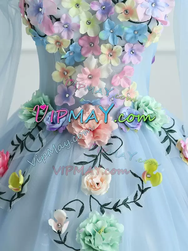 Chic Light Blue Tulle Lace Up V-neck Long Sleeves Quinceanera Dress Colorful Hand Made 3D Flowers