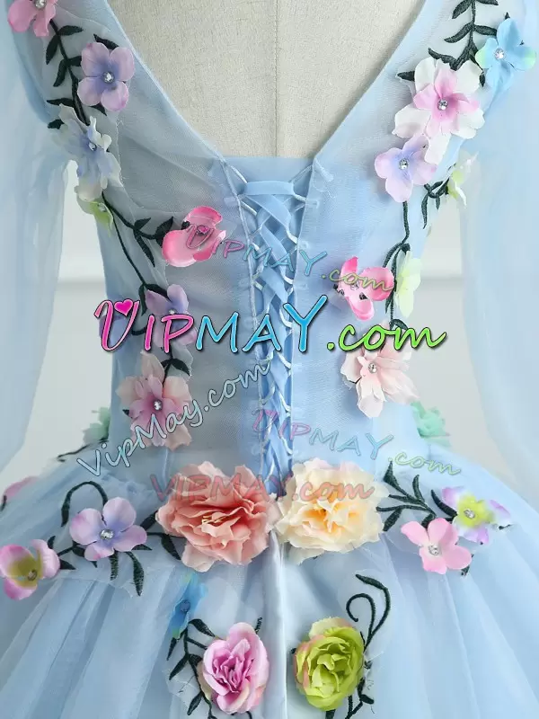 Chic Light Blue Tulle Lace Up V-neck Long Sleeves Quinceanera Dress Colorful Hand Made 3D Flowers