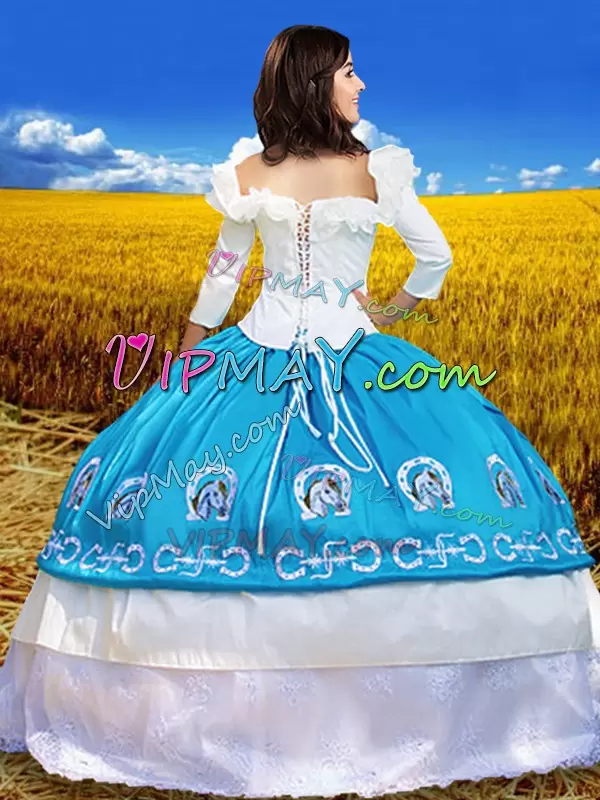 Best Blue And White Lace Up 15th Birthday Dress Lace and Embroidery 3 4 Length Sleeve Floor Length