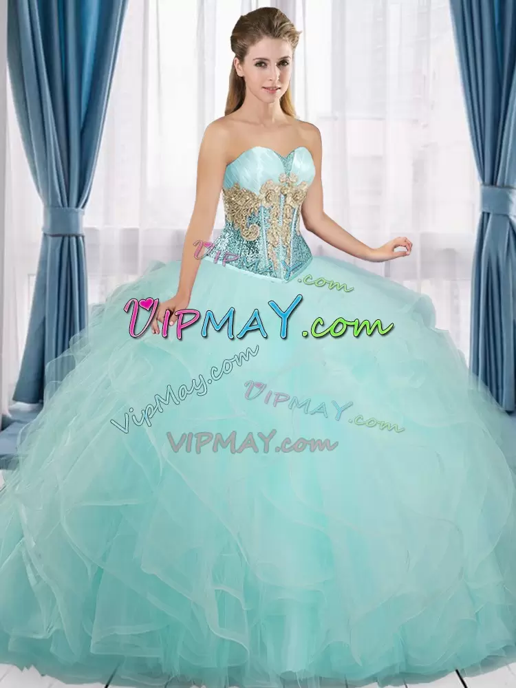 Tulle Sweetheart Sleeveless Lace Up Beading and Ruffles Quinceanera Dresses in Aqua Blue