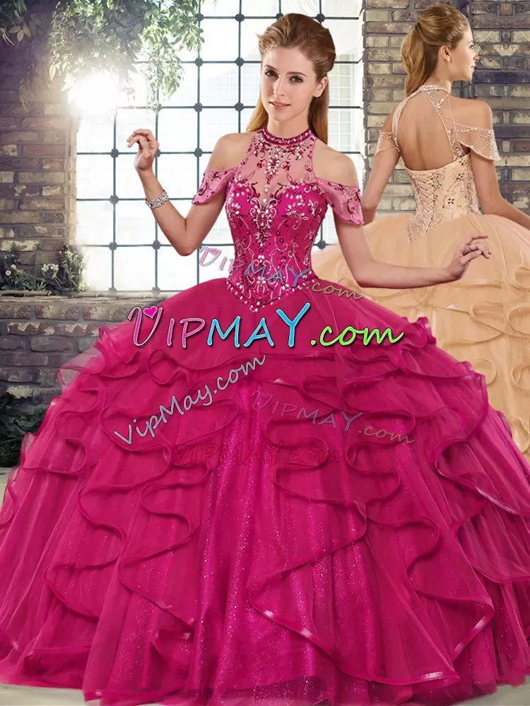 New Arrival Tulle Halter Top Sleeveless Lace Up Beading and Ruffles Quinceanera Gown in Fuchsia