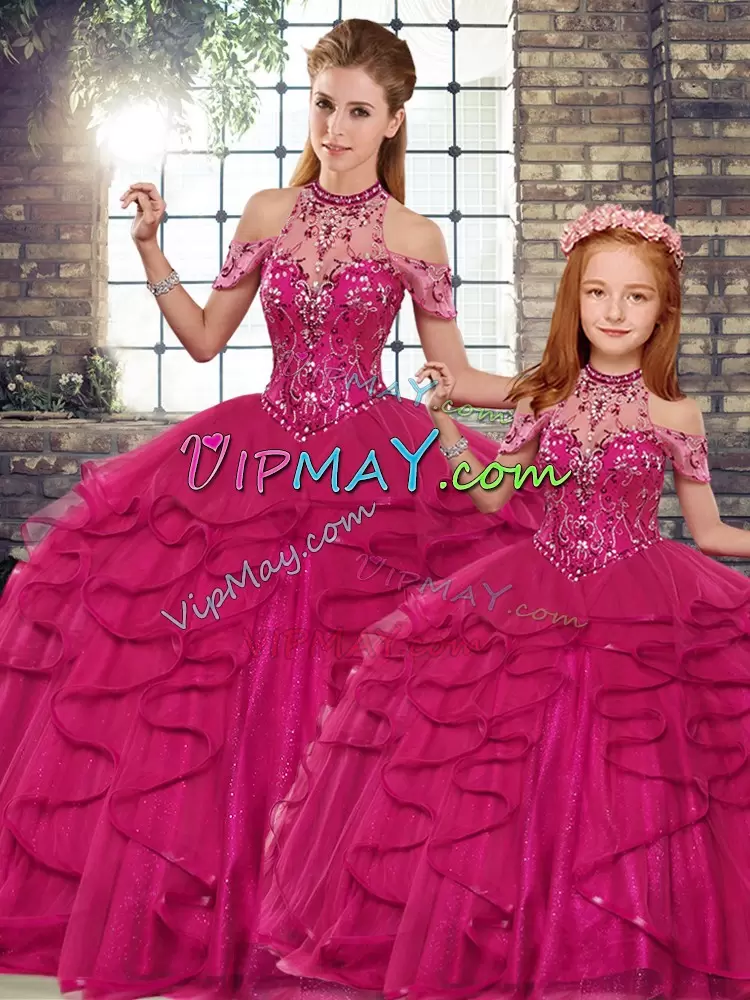 New Arrival Tulle Halter Top Sleeveless Lace Up Beading and Ruffles Quinceanera Gown in Fuchsia