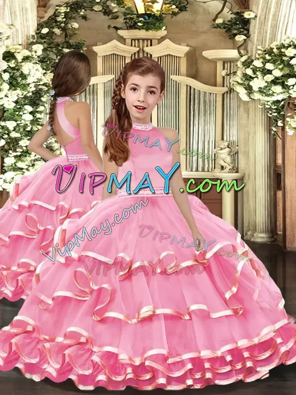 Graceful Pink Lace Up 15th Birthday Dress Beading and Ruffled Layers Sleeveless Floor Length