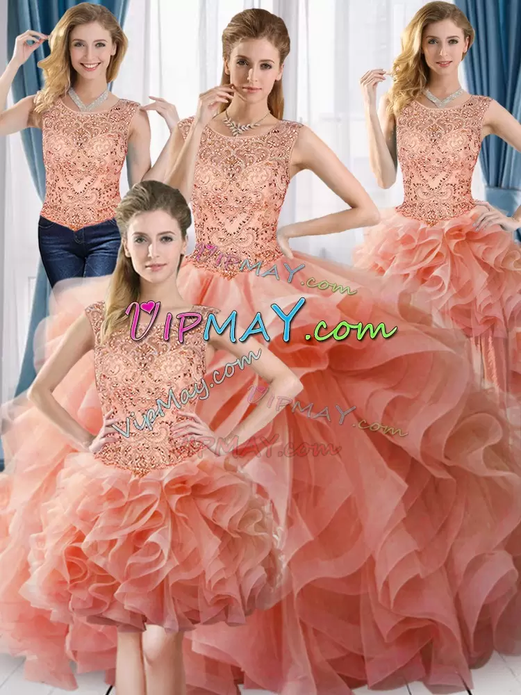 Top Selling Peach Scoop Beading Sweet 16 Quinceanera Dress Tulle Sleeveless