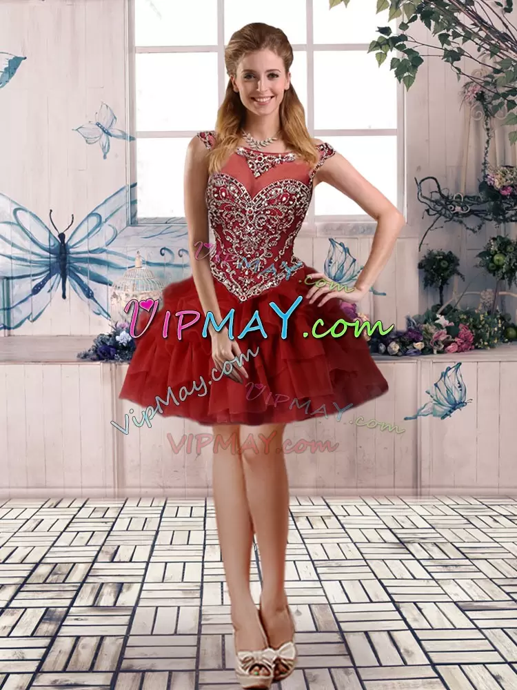 Excellent Wine Red Ball Gowns Beading and Pick Ups 15 Quinceanera Dress Zipper Organza Sleeveless