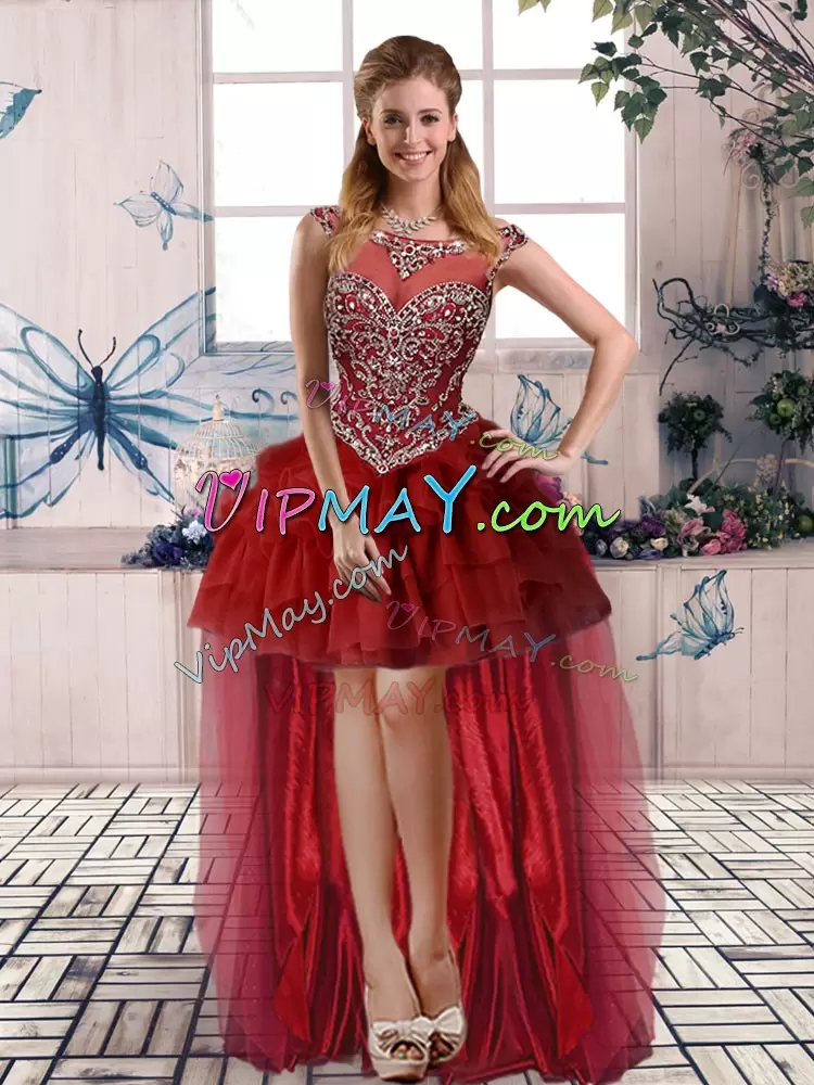 Excellent Wine Red Ball Gowns Beading and Pick Ups 15 Quinceanera Dress Zipper Organza Sleeveless