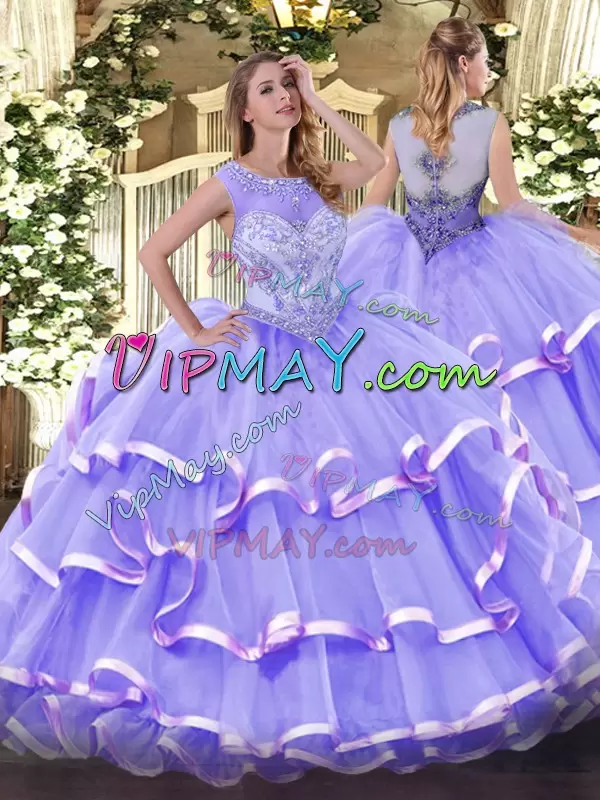 Unique Lavender Zipper Sweet 16 Dresses Beading and Ruffled Layers Sleeveless Floor Length