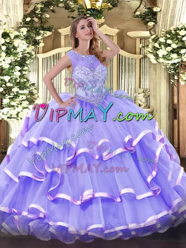 Unique Lavender Zipper Sweet 16 Dresses Beading and Ruffled Layers Sleeveless Floor Length