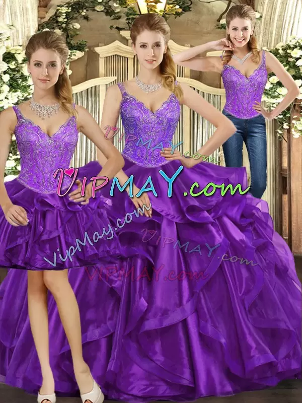 Sleeveless Floor Length Beading and Ruffles Lace Up Quinceanera Gowns with Purple