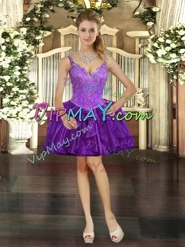 Sleeveless Floor Length Beading and Ruffles Lace Up Quinceanera Gowns with Purple