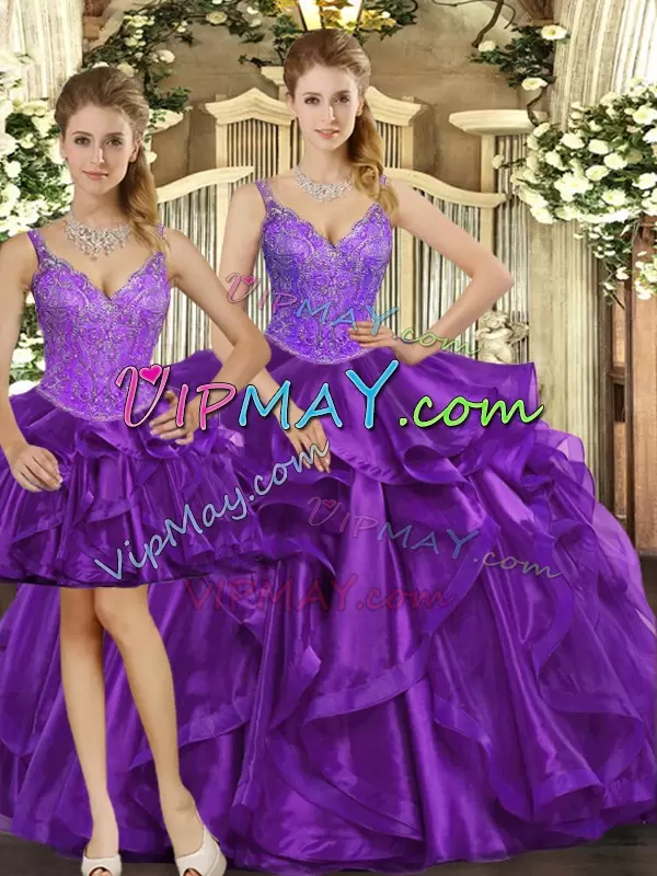 Sleeveless Floor Length Beading and Ruffles Lace Up Quinceanera Gowns with Purple