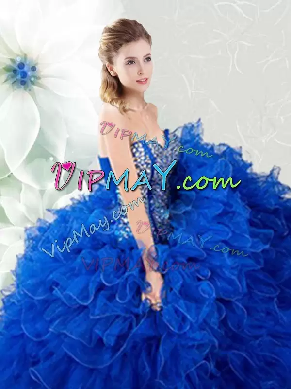 Graceful Sweetheart Sleeveless Sweet 16 Quinceanera Dress Floor Length Beading and Ruffles Royal Blue Organza