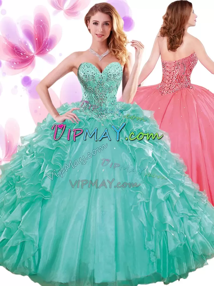 Wonderful Ball Gowns Quinceanera Gown Turquoise Sweetheart Organza Sleeveless Floor Length Lace Up