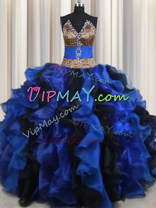 Sweet Sleeveless Floor Length Beading and Ruffles Lace Up Quinceanera Gowns with Blue And Black