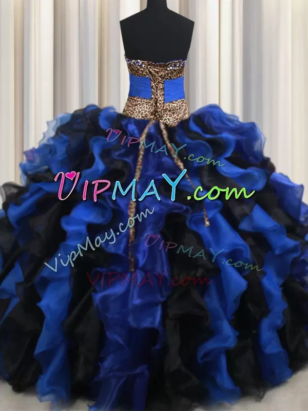 Sweet Sleeveless Floor Length Beading and Ruffles Lace Up Quinceanera Gowns with Blue And Black