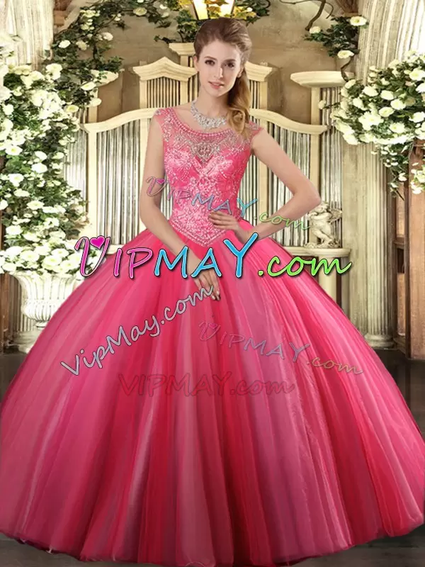 Customized Coral Red Sleeveless Tulle Lace Up Quinceanera Gowns for Sweet 16 and Quinceanera