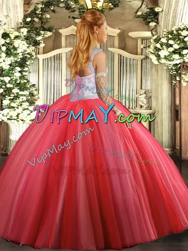 Customized Coral Red Sleeveless Tulle Lace Up Quinceanera Gowns for Sweet 16 and Quinceanera