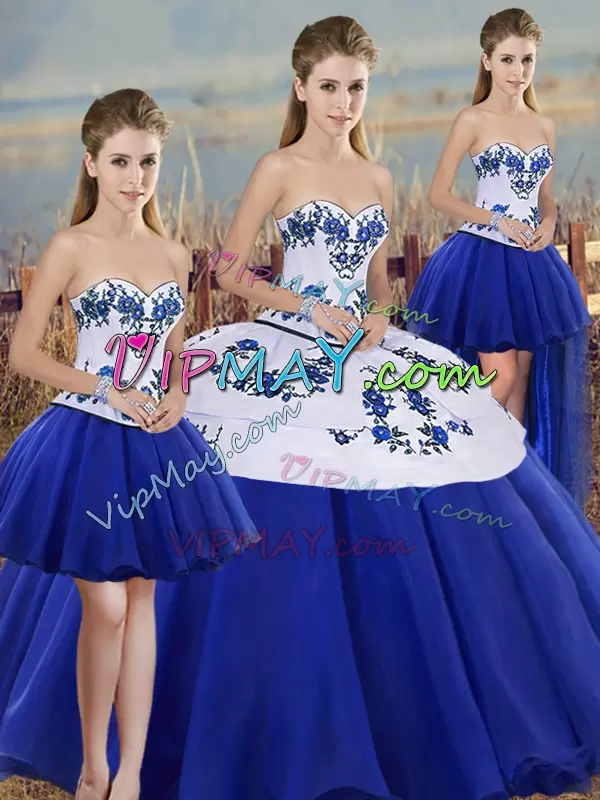 Inexpensive Royal Blue Sleeveless Floor Length Embroidery and Bowknot Lace Up 15th Birthday Dress Sweetheart