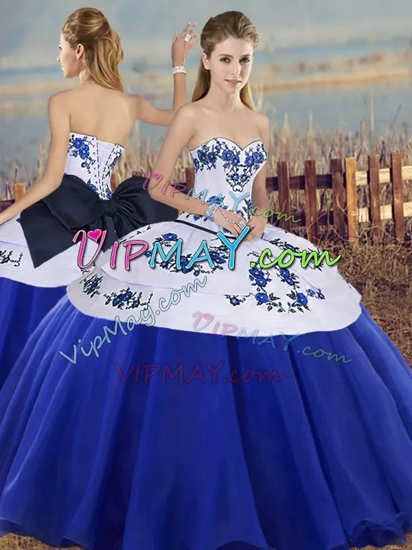 Inexpensive Royal Blue Sleeveless Floor Length Embroidery and Bowknot Lace Up 15th Birthday Dress Sweetheart