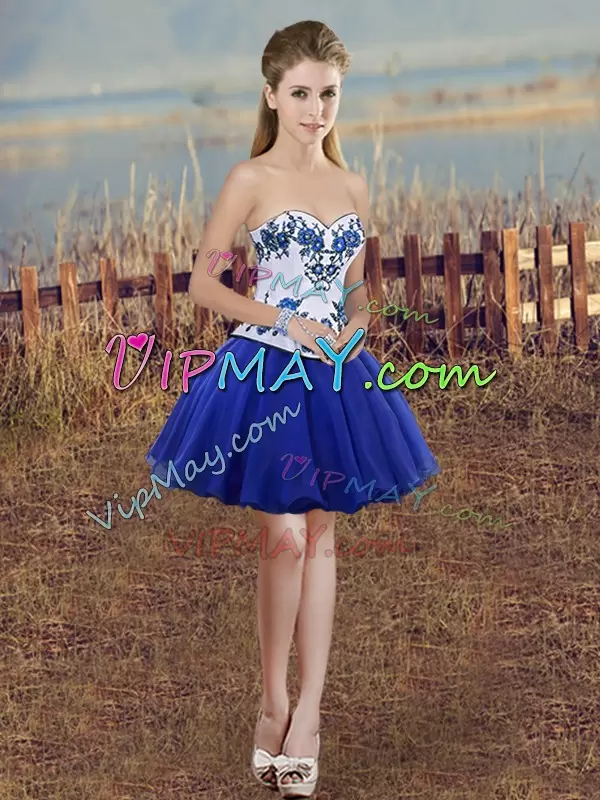 Inexpensive Royal Blue Sleeveless Floor Length Embroidery and Bowknot Lace Up 15th Birthday Dress Sweetheart