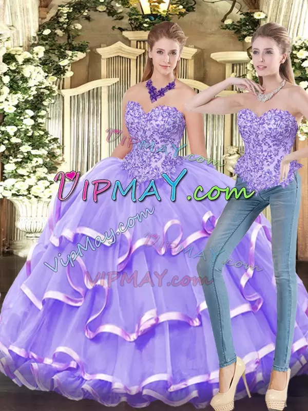 Appliques and Ruffled Layers Ball Gown Prom Dress Lavender Zipper Sleeveless Floor Length