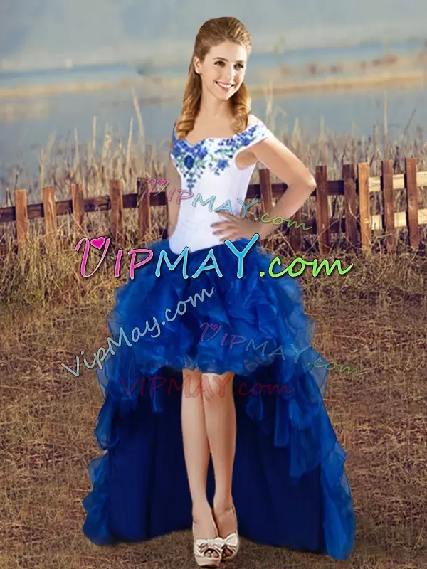 Ball Gowns Quinceanera Gown Blue And White Off The Shoulder Satin Sleeveless Floor Length Lace Up