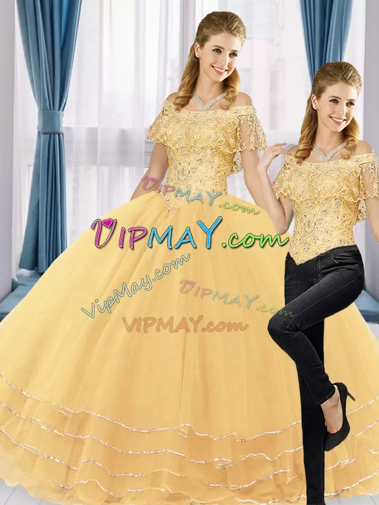 Beauteous Gold Ball Gowns Tulle Off The Shoulder Sleeveless Beading and Lace Floor Length Sweet 16 Quinceanera Dress