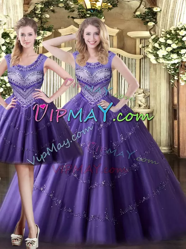 Beading Quince Ball Gowns Purple Lace Up Sleeveless Floor Length