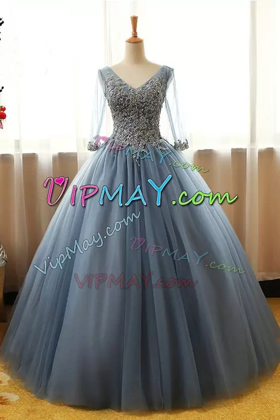 Smart Half Sleeves Tulle Floor Length Lace Up Quinceanera Dresses in Grey with Beading and Appliques