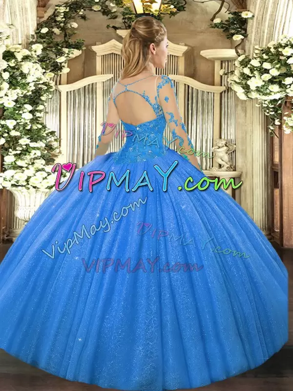 Shining Baby Blue Long Sleeves Floor Length Lace Lace Up Quinceanera Gown Scoop