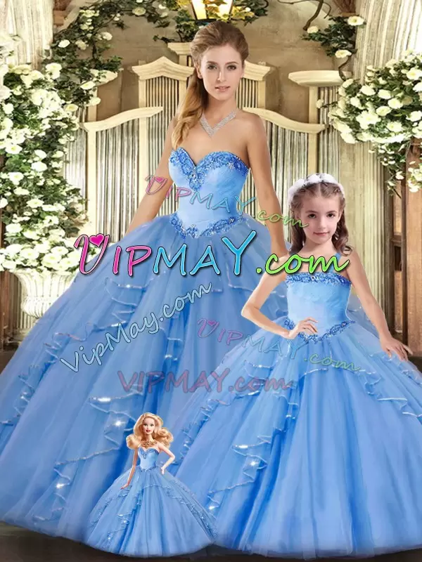 Sleeveless Organza Floor Length Lace Up Quinceanera Gown in Baby Blue with Beading and Ruffles