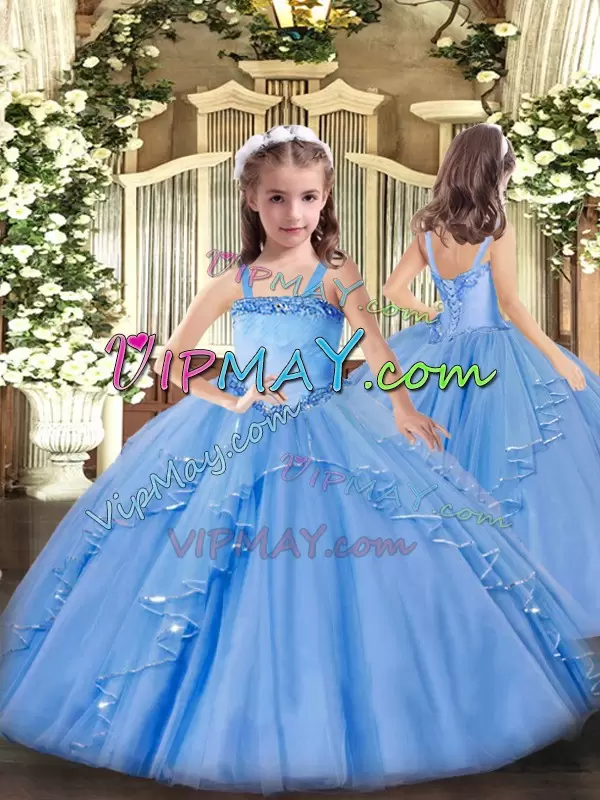 Sleeveless Organza Floor Length Lace Up Quinceanera Gown in Baby Blue with Beading and Ruffles