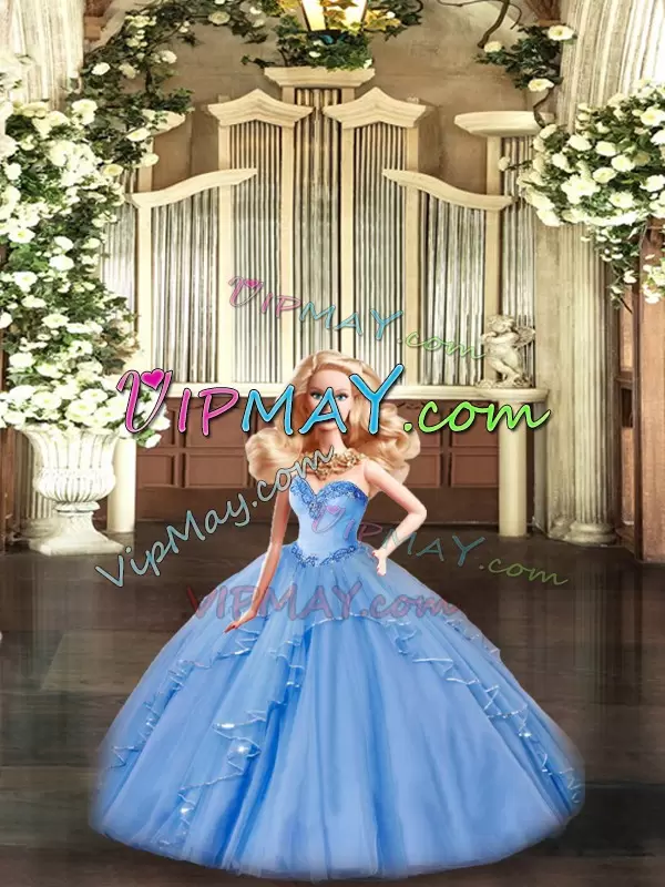 Sleeveless Organza Floor Length Lace Up Quinceanera Gown in Baby Blue with Beading and Ruffles