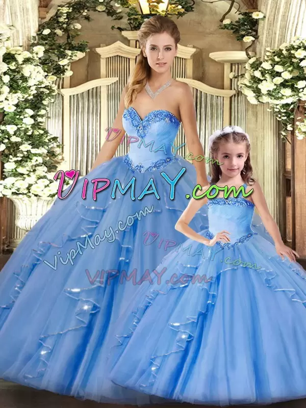 Sleeveless Organza Floor Length Lace Up Quinceanera Gown in Baby Blue with Beading and Ruffles