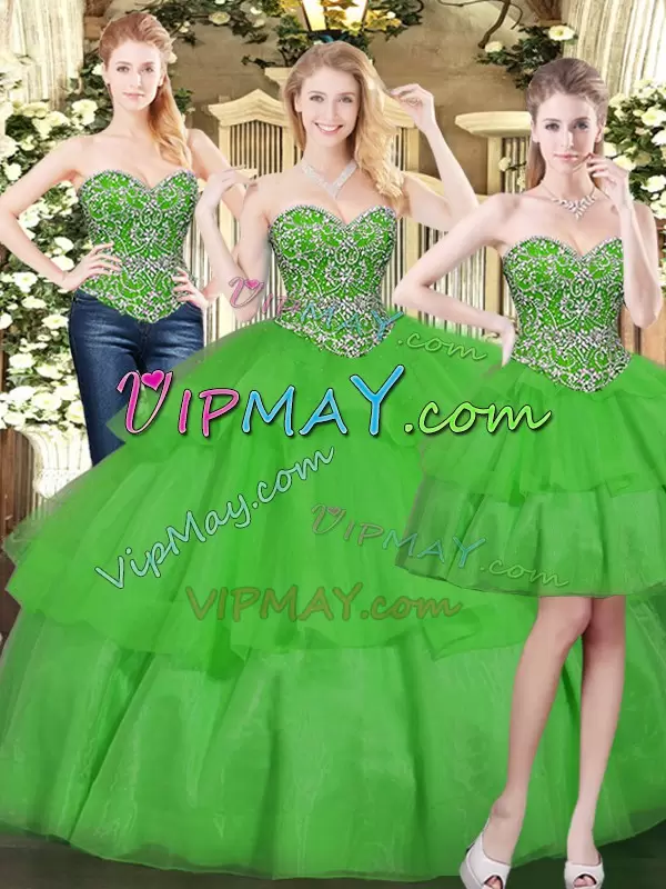 Graceful Green Sleeveless Organza Lace Up Quince Ball Gowns for Military Ball and Sweet 16 and Quinceanera