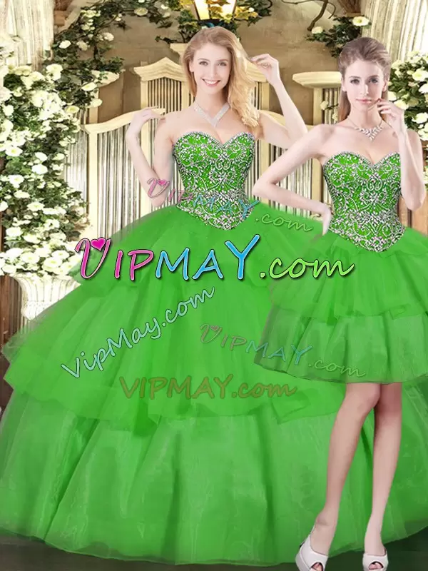 Graceful Green Sleeveless Organza Lace Up Quince Ball Gowns for Military Ball and Sweet 16 and Quinceanera