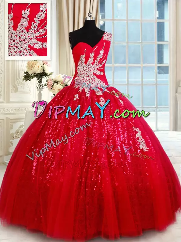 Red Lace Up One Shoulder Beading and Appliques 15th Birthday Dress Tulle Sleeveless