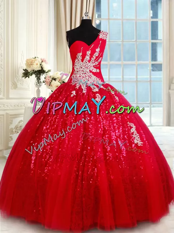 Red Lace Up One Shoulder Beading and Appliques 15th Birthday Dress Tulle Sleeveless