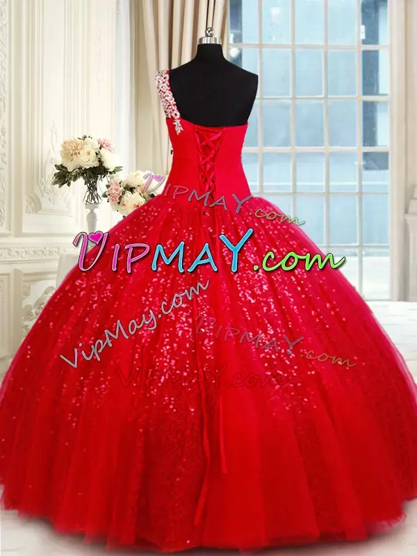 Red Lace Up One Shoulder Beading and Appliques 15th Birthday Dress Tulle Sleeveless