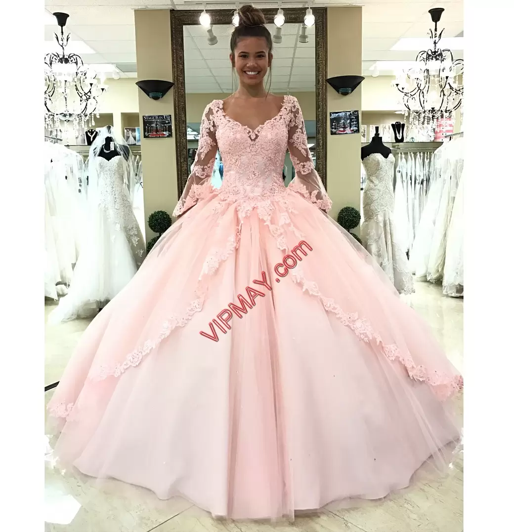 Attractive Baby Pink Ball Gowns Tulle V-neck Long Sleeves Appliques With Train Lace Up Quinceanera Gown Brush Train