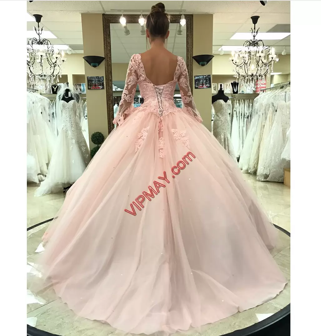 Attractive Baby Pink Ball Gowns Tulle V-neck Long Sleeves Appliques With Train Lace Up Quinceanera Gown Brush Train