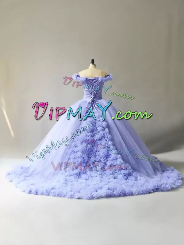 Court Train Ball Gowns Quinceanera Gown Lavender Off The Shoulder Tulle Sleeveless Lace Up