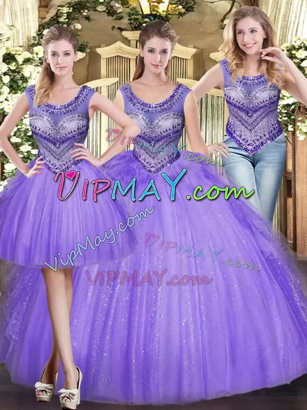 Flirting Tulle Sleeveless Floor Length 15 Quinceanera Dress and Beading and Ruffles