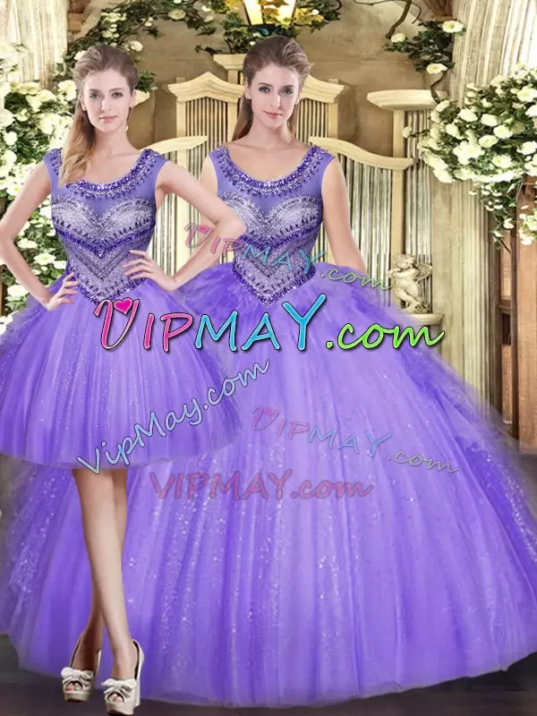 Flirting Tulle Sleeveless Floor Length 15 Quinceanera Dress and Beading and Ruffles